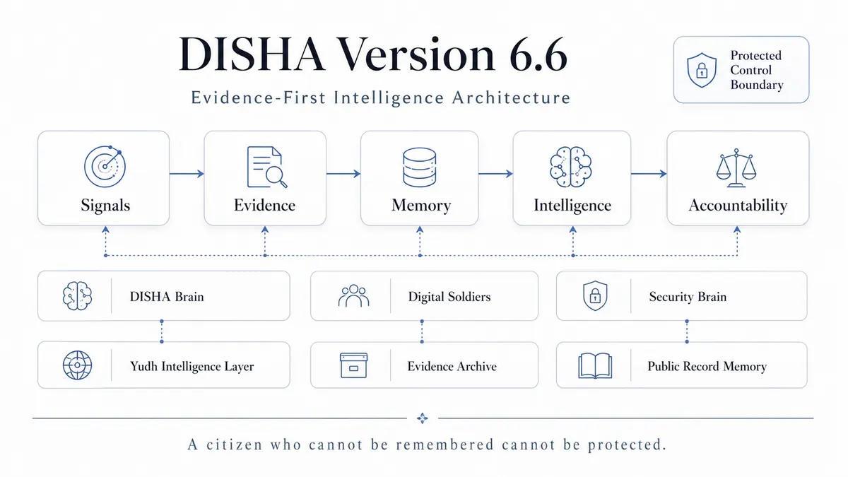 DISHA Version 6.6 architecture diagram showing signals transformed into evidence, memory, intelligence, and accountability across six public layers.