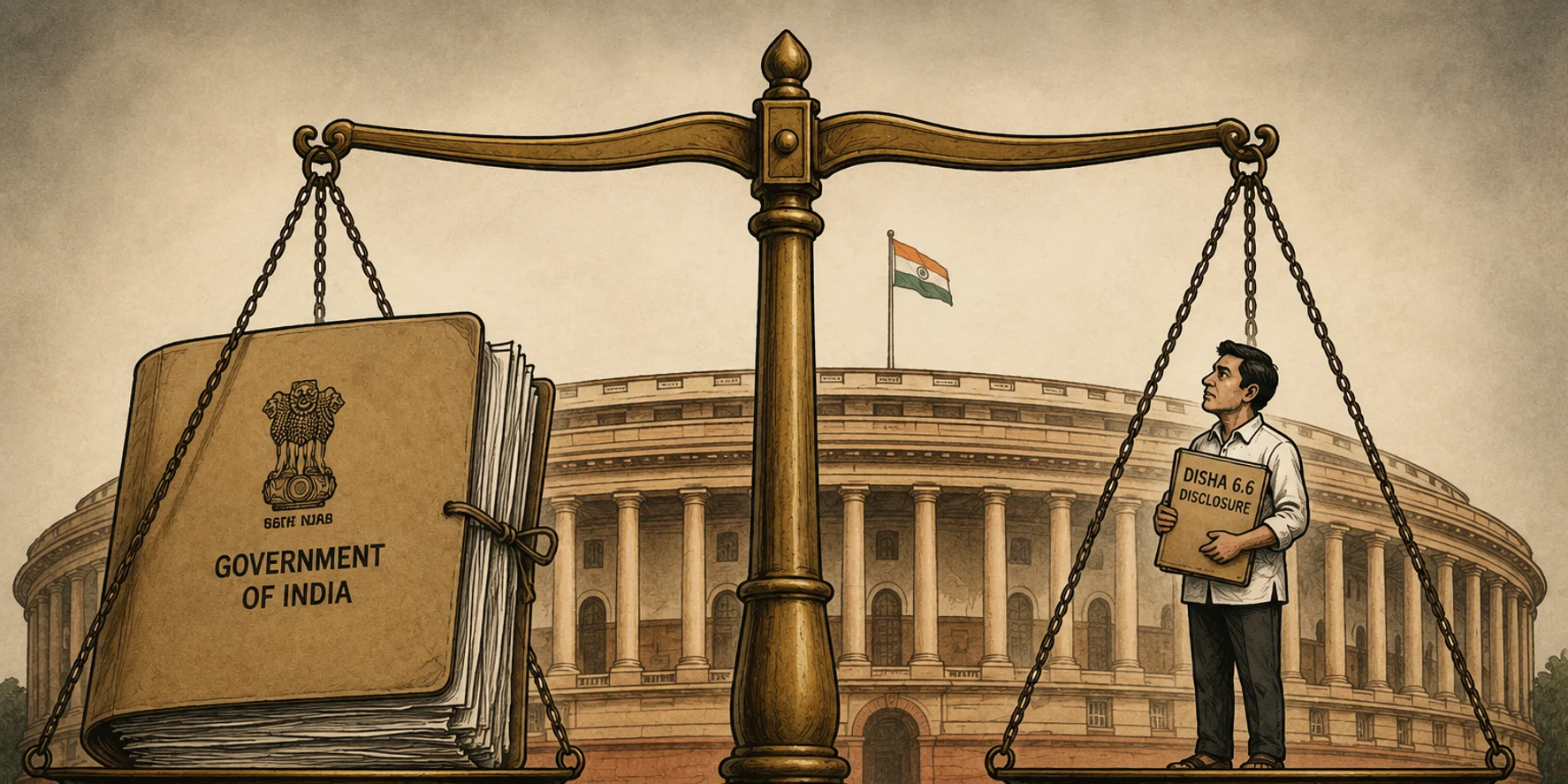 Balance scale in front of Parliament weighing a Government of India file against a citizen holding a DISHA 6.6 disclosure file