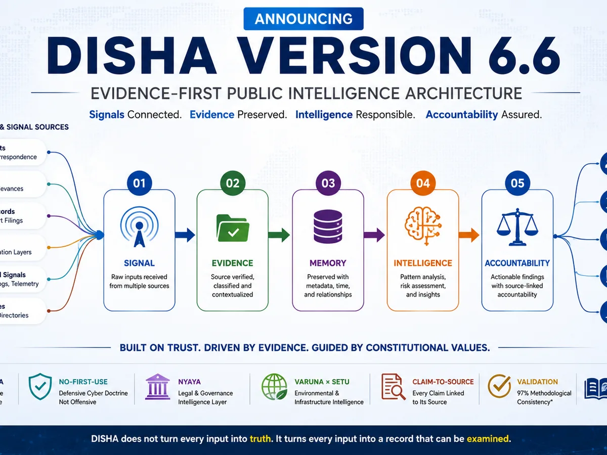 DISHA Version 6.6 news image showing an evidence-first public intelligence architecture where signals become evidence, memory, intelligence, and accountability.
