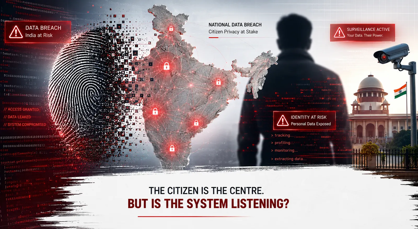Public-interest news visual on India data breach, citizen identity risk and surveillance accountability